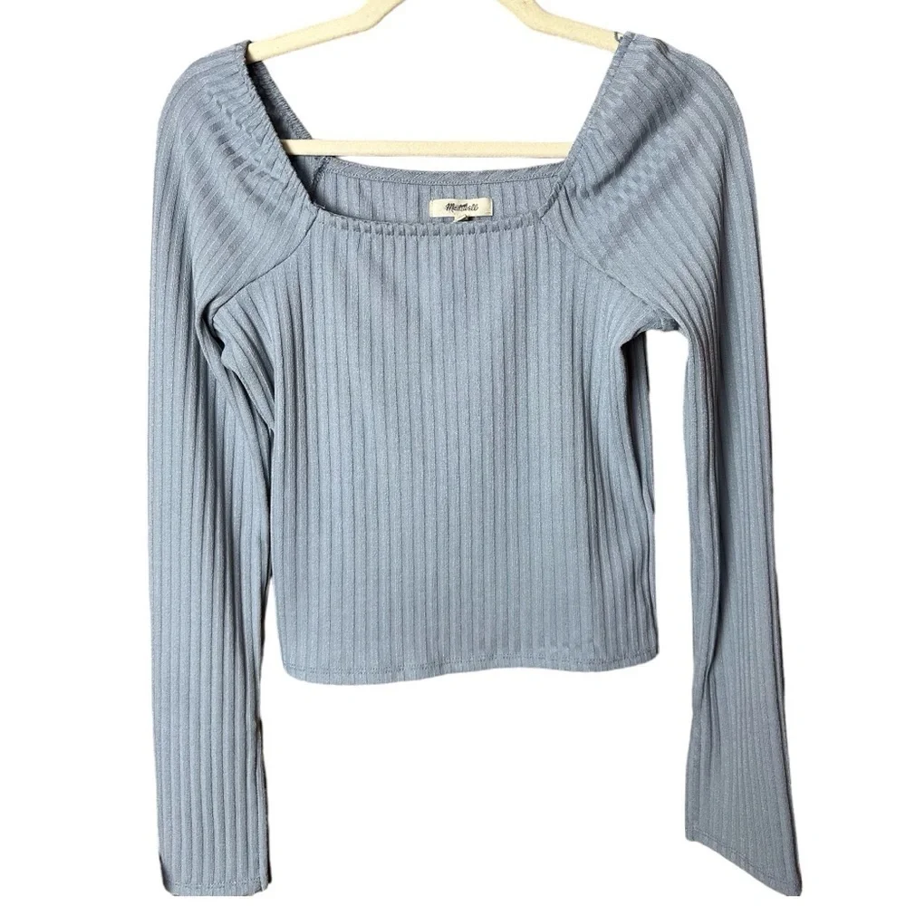 Madewell Craft Blue Ribbed Square Neck Long Sleeve Tee Medium